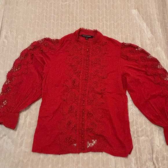 Boston Proper Womens Drama Sleeve Shirt Sz L Mock Neck Button Front Texture Lace - Picture 15 of 16